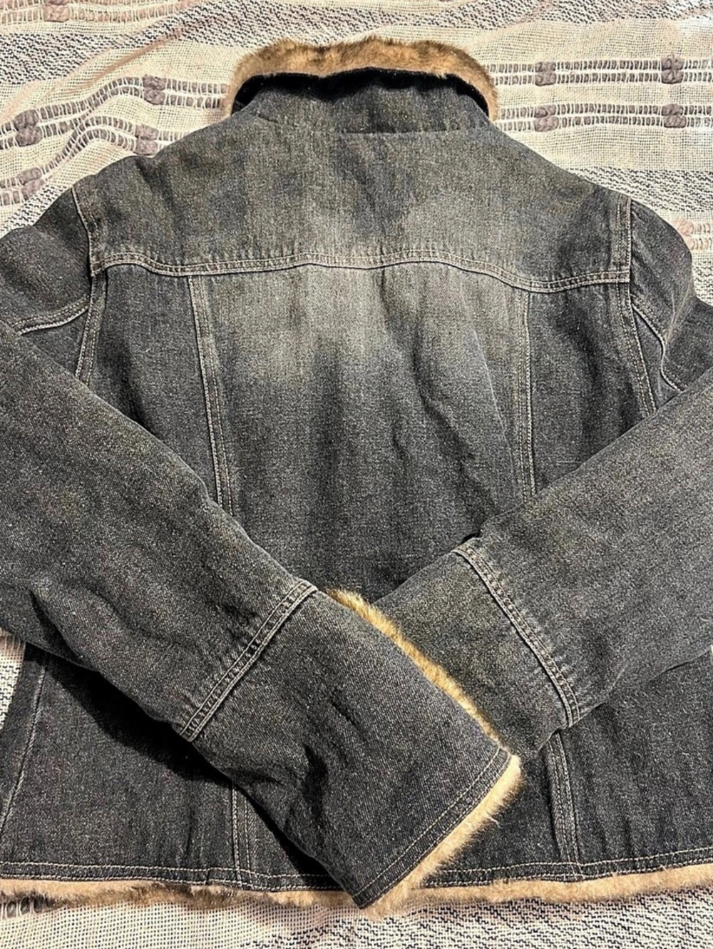 Giacca Jacket Womens Sz Large Blue Denim Faux Fur Collar Cuffs Lined Bomber - Picture 4 of 10